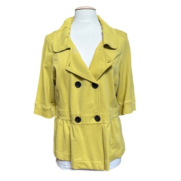 Merona Yellow Double-Breasted Peplum Jacket Blazer Cotton Y2K Ruche Collar Sz XL - Picture 2 of 8